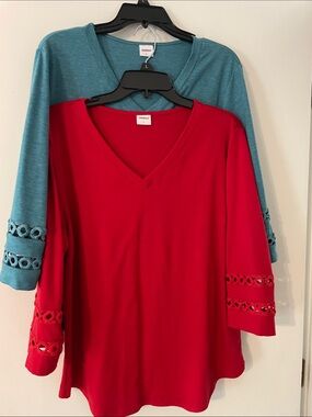 V-Neck Tunic with Crochet-Trim 3/4 Sleeves — Red/Heathered Teal